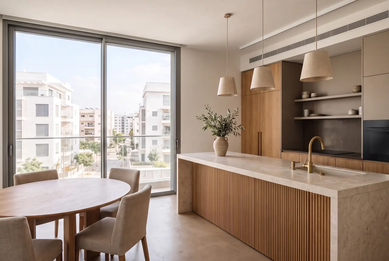 מטבח מעוצב בדירה חדשה, עם אי מאבן בהירה וחזית מעץ
